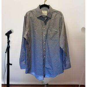 Charles Tyrwhitt Shirt Mens 17x35 Blue/White Wide Stripe No Iron Long‎ Sleeve